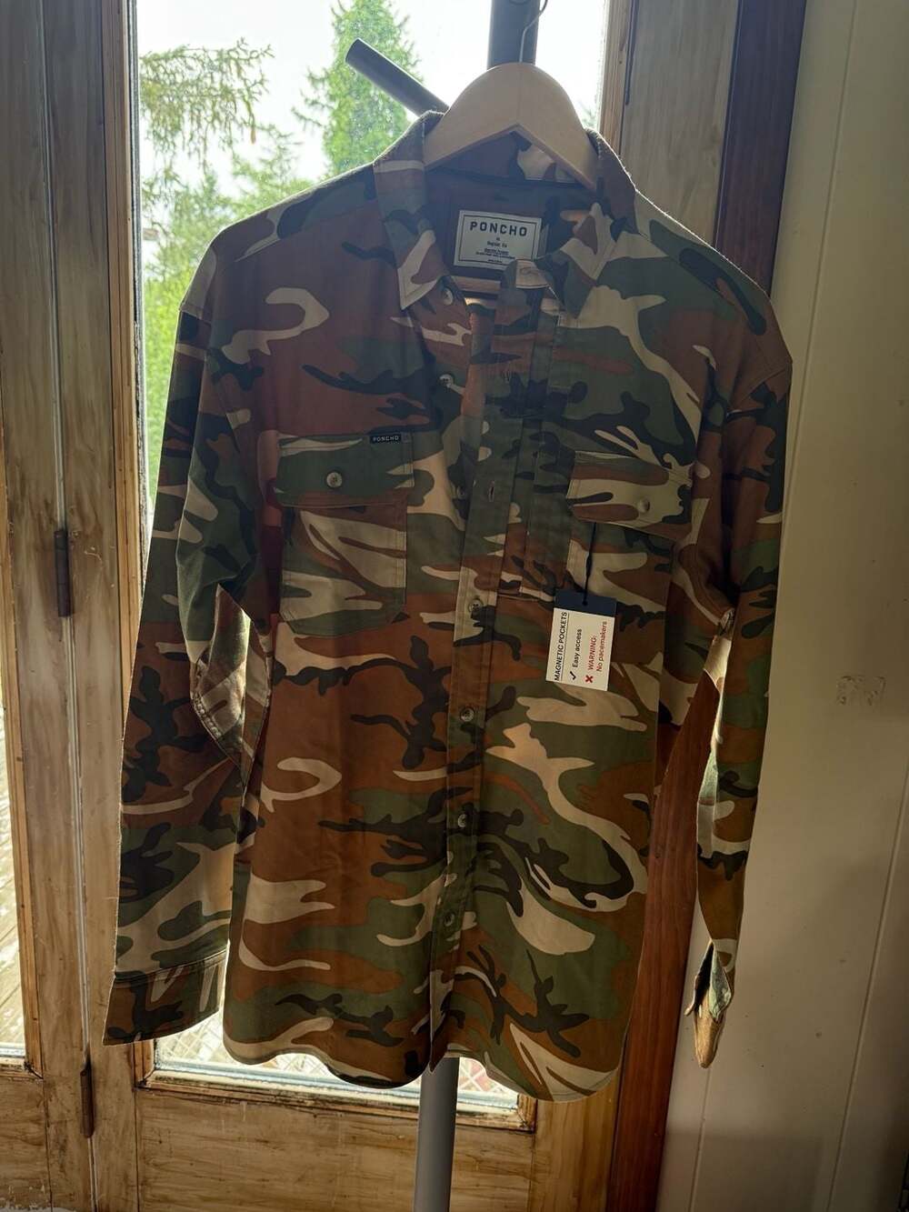 Poncho Mens Regular Fit Long Sleeve Camouflage Shirt with Magnetic Pockets